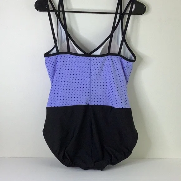 Trimshaper Purple and Black One Piece Polka Dot Swimsuit with V-Neckline - Picture 2 of 10